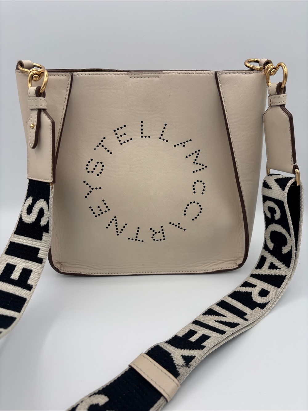 Authentic Stella McCartney Perforated Logo Crossbody with Branded Strap - Ivory